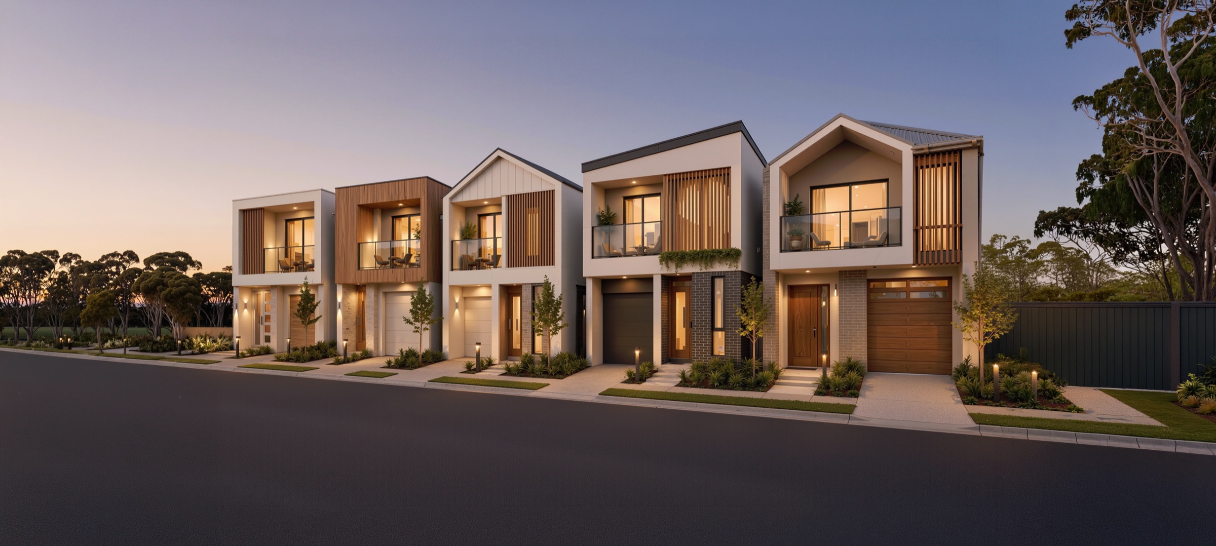 Urban Series townhomes at dusk